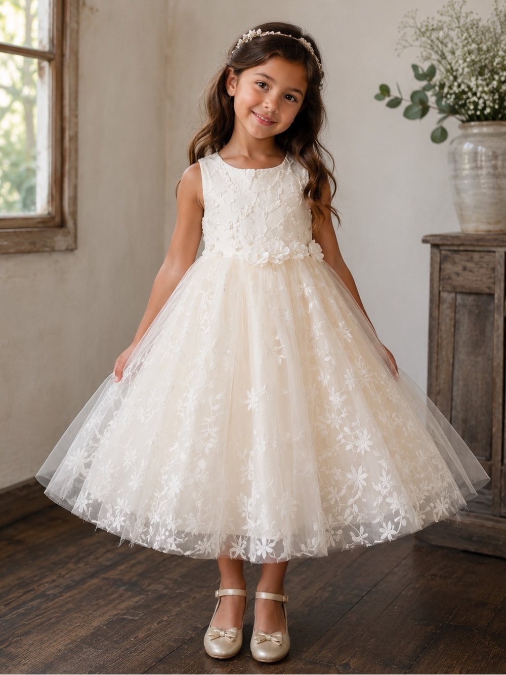 Girls' Ivory Floral Lace Tulle flower girl Dress